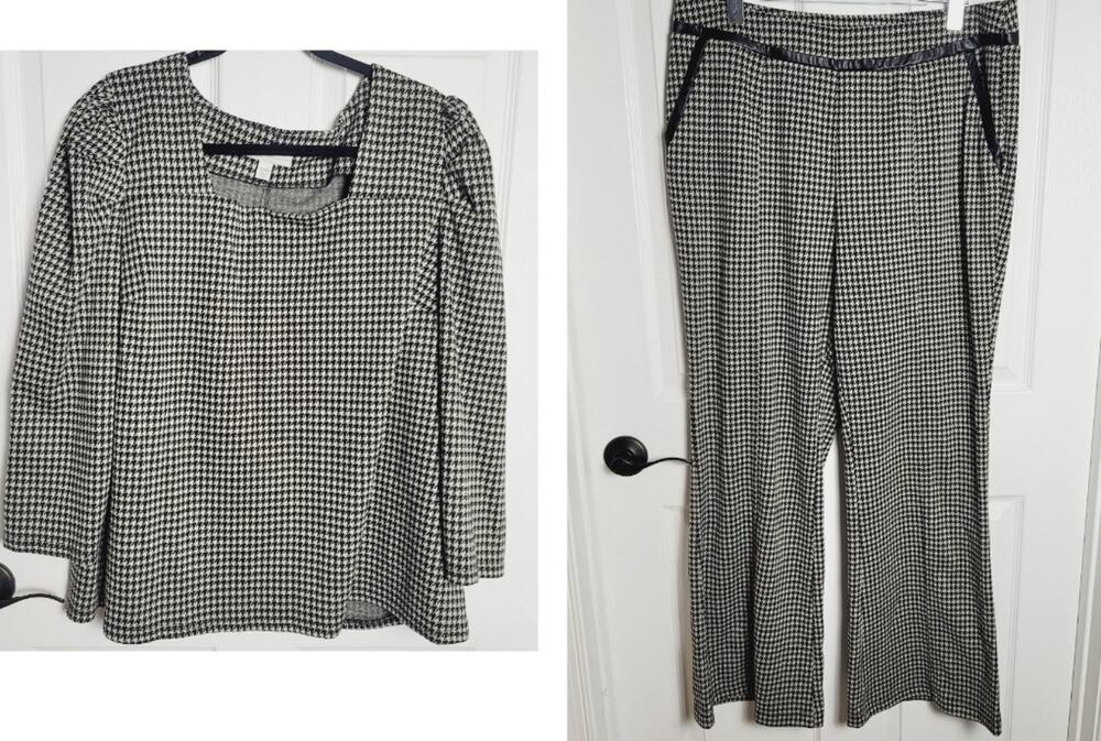 Cato 2 piece Top Pants Set 18/20W Black Cream Houndstooth Faux Leather Knit